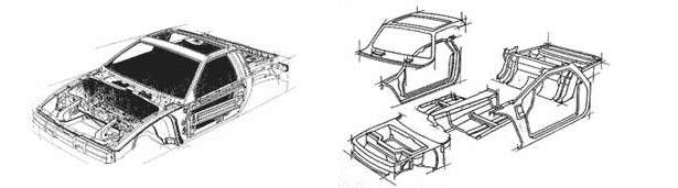 Lataria do Pontiac Fiero, lançado na década de 1980. No detalhe, a plataforma e outros elementos estruturais do monobloco